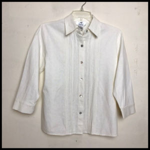 M. Collection Cream Linen Blend Button & Pleated Front Blouse Size S